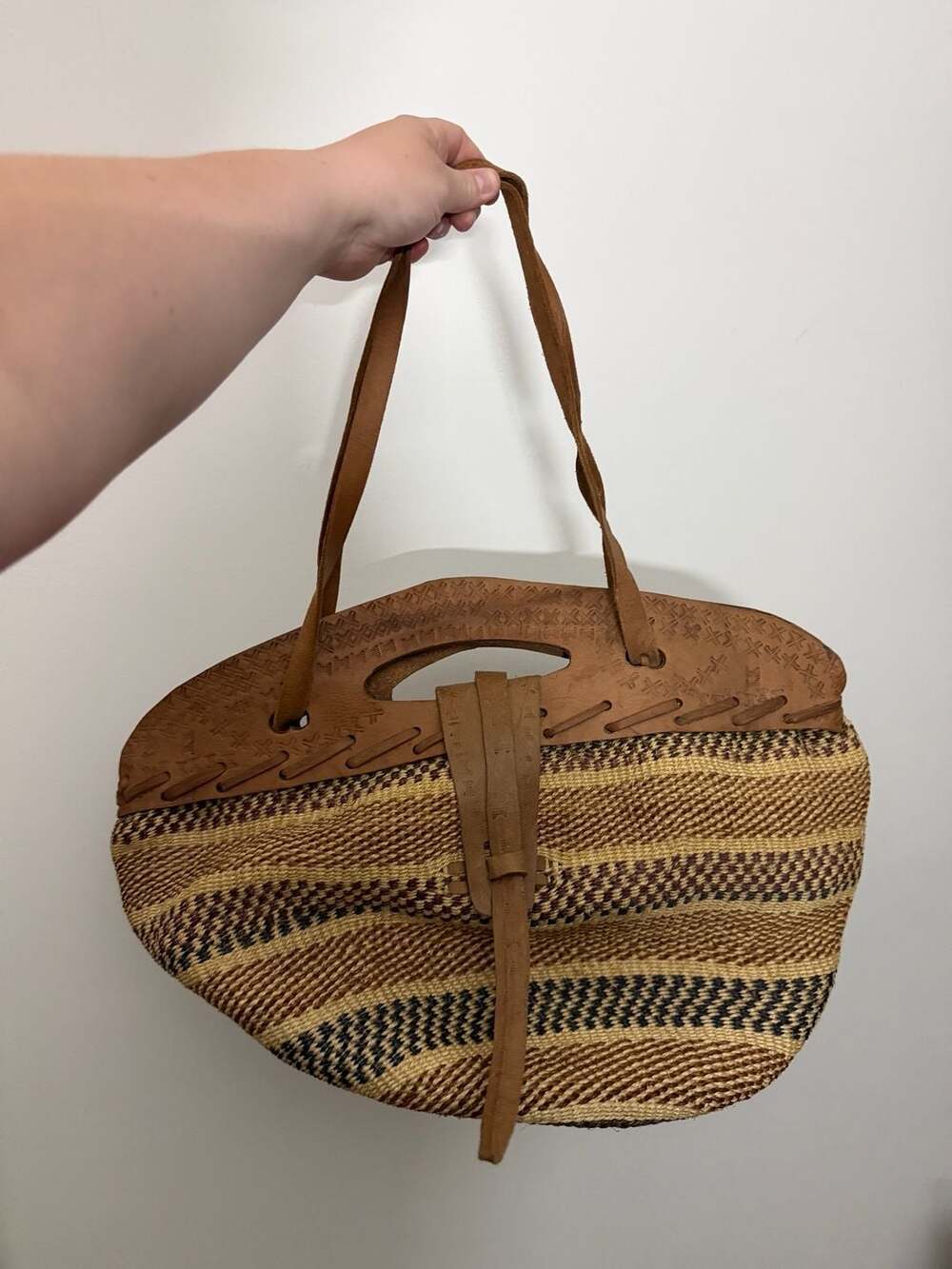 Vintage Handwoven Sisal and Tooled Leather Boho Market Tote Bag
